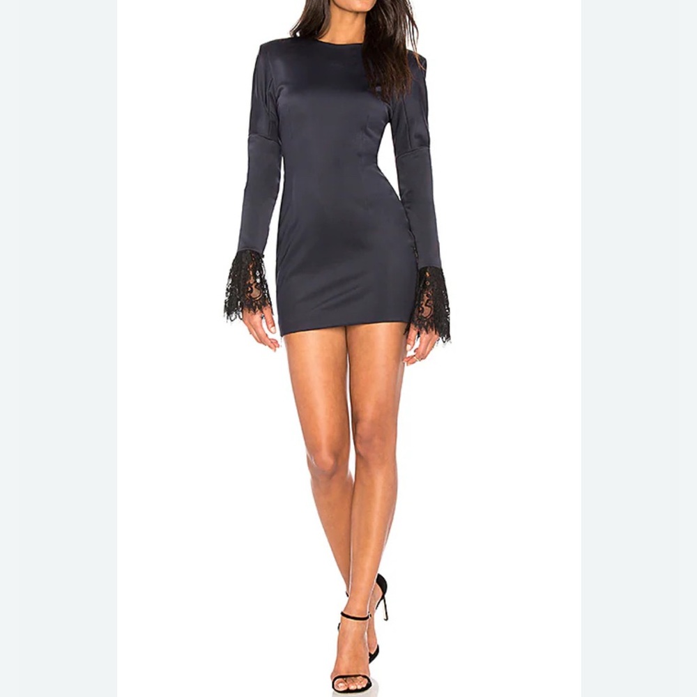 Vantanika Long Sleeve Dark Blue Mini Dress w/Lace Cuffs & zipper details Size 2